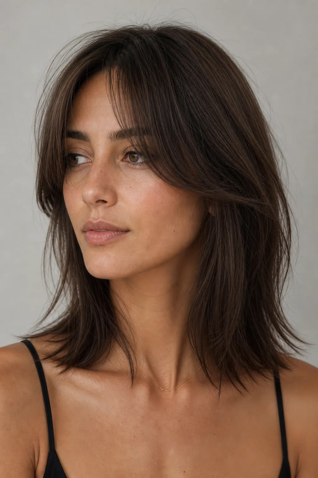 Lob with soft curtain bangs sweeping to the sides and lift at the hairline on fine hair
