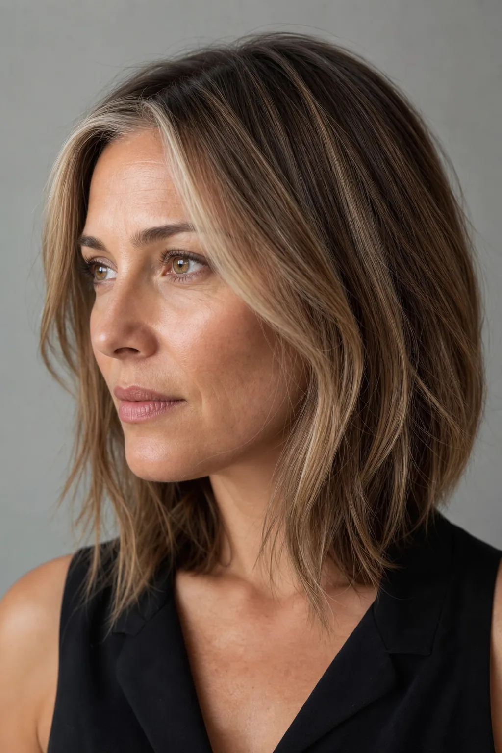 Lob with dimensional face-framing highlights and a money piece faking thickness on fine hair