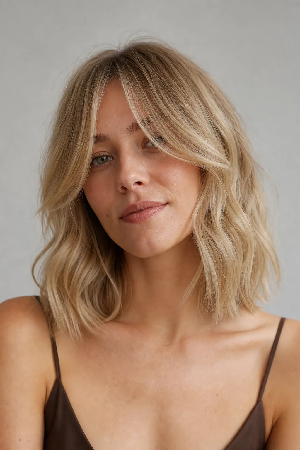 Collarbone lob with long curtain bangs blended into the layers on fine wavy hair