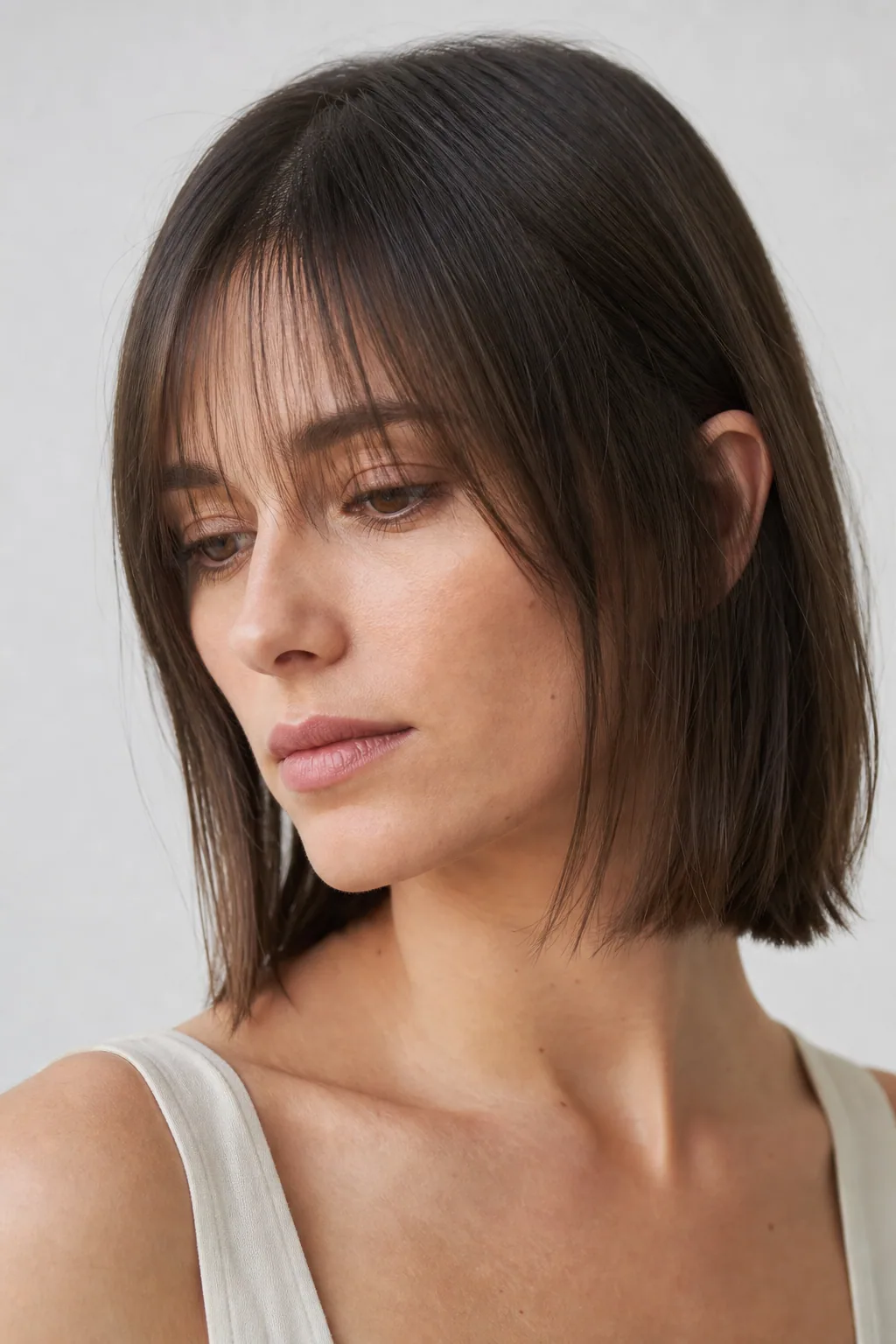 Lob with wispy see-through bangs and a sheer fringe on fine straight hair