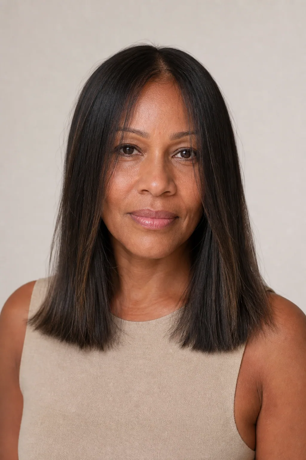 Long blunt hair with minimal face-framing and healthy ends on fine hair