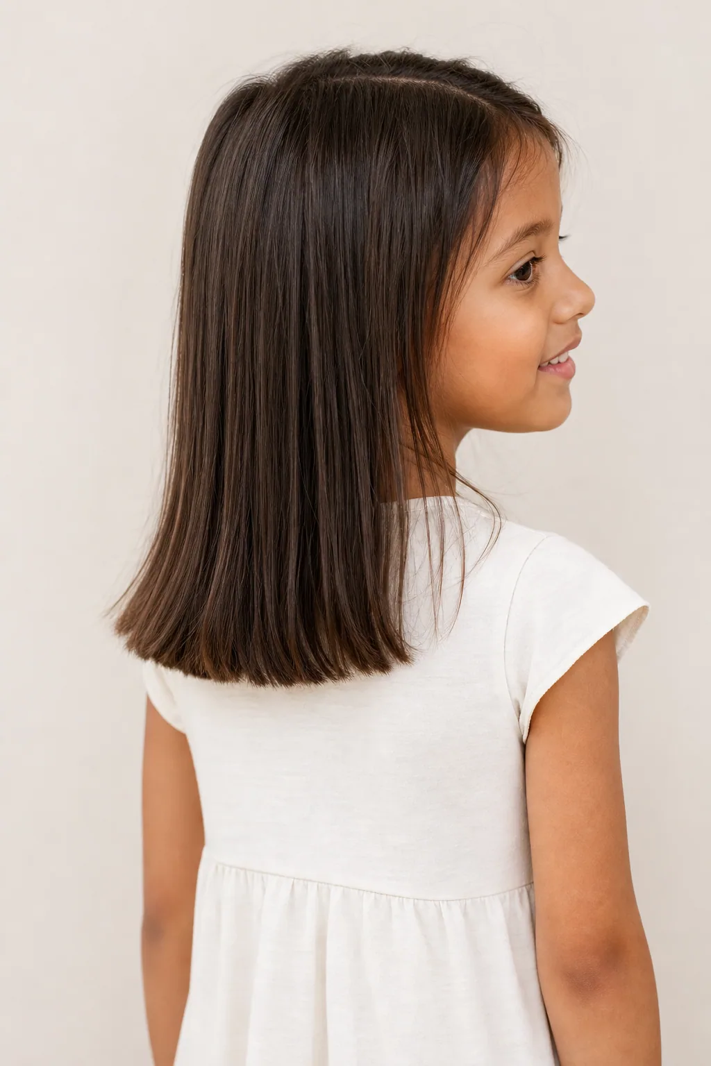 Little girl with a long blunt cut above the shoulder blades on fine dark-brown hair