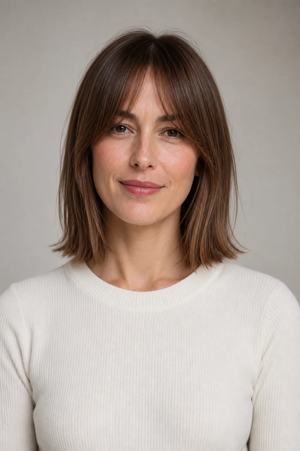 Long bob with curtain bangs on fine chestnut hair