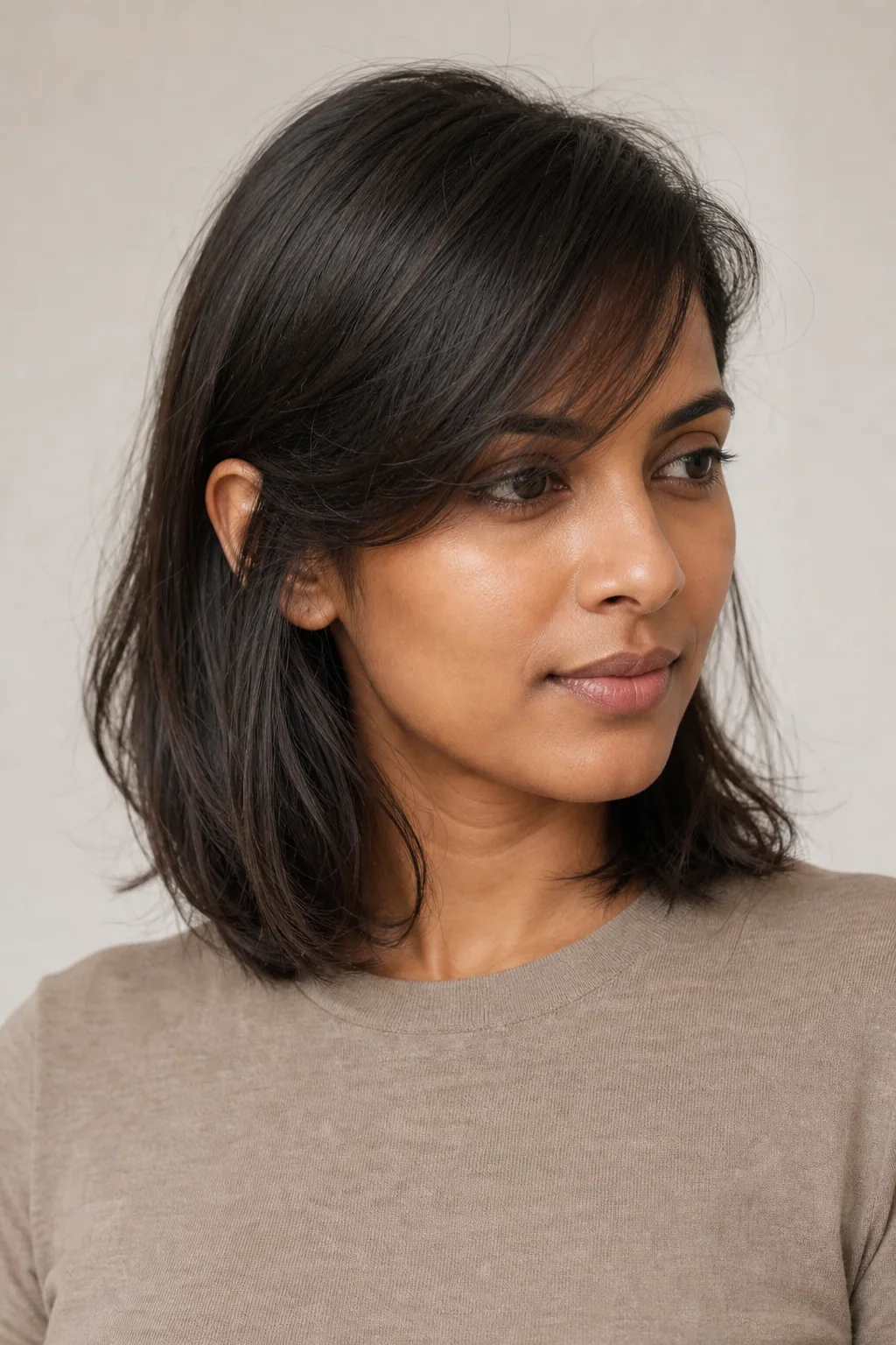 Long bob with side bangs on fine dark-brown hair