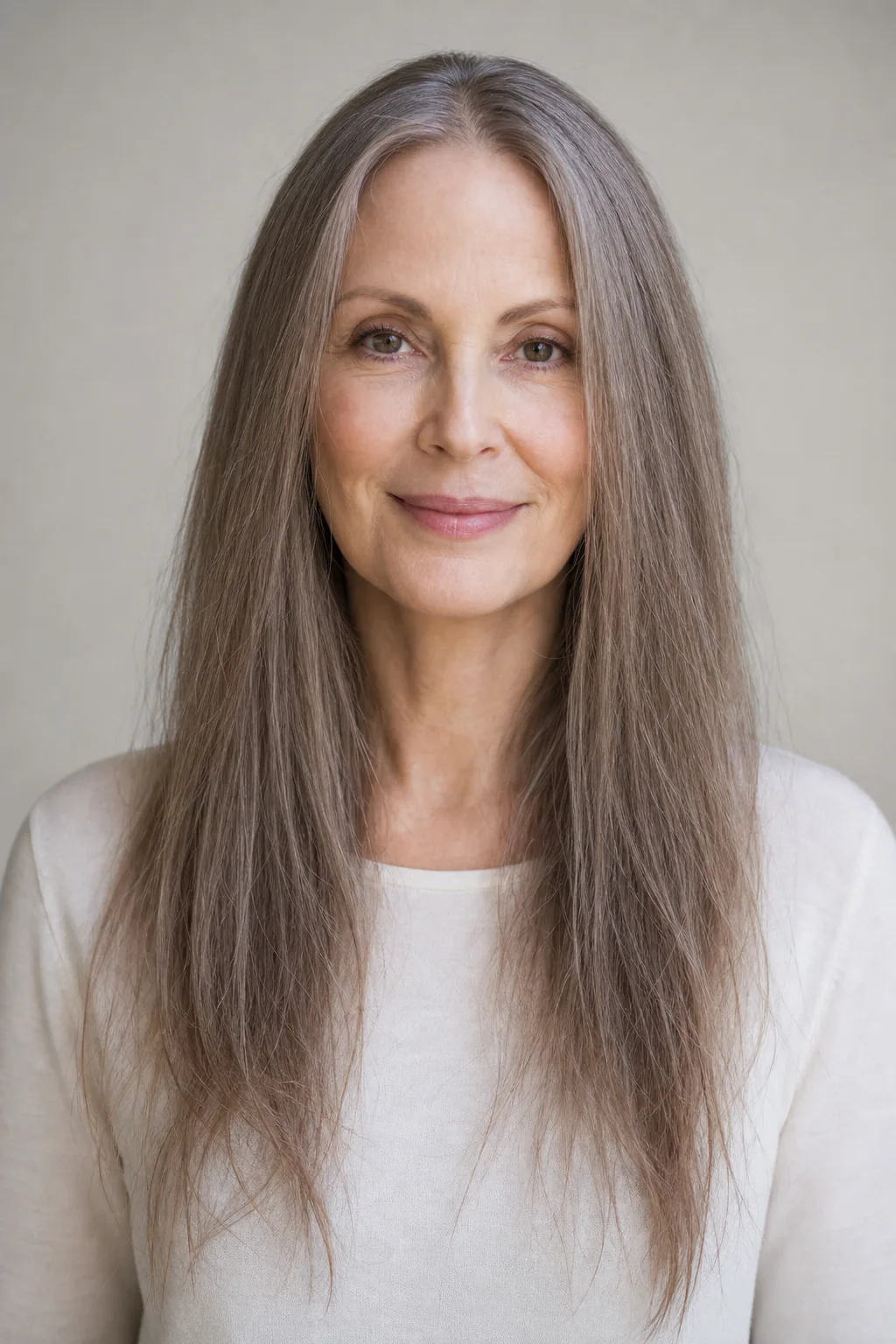 Fine hair in a long one-length cut with a centre part and tapered wispy ends on a heart-shaped face, front view