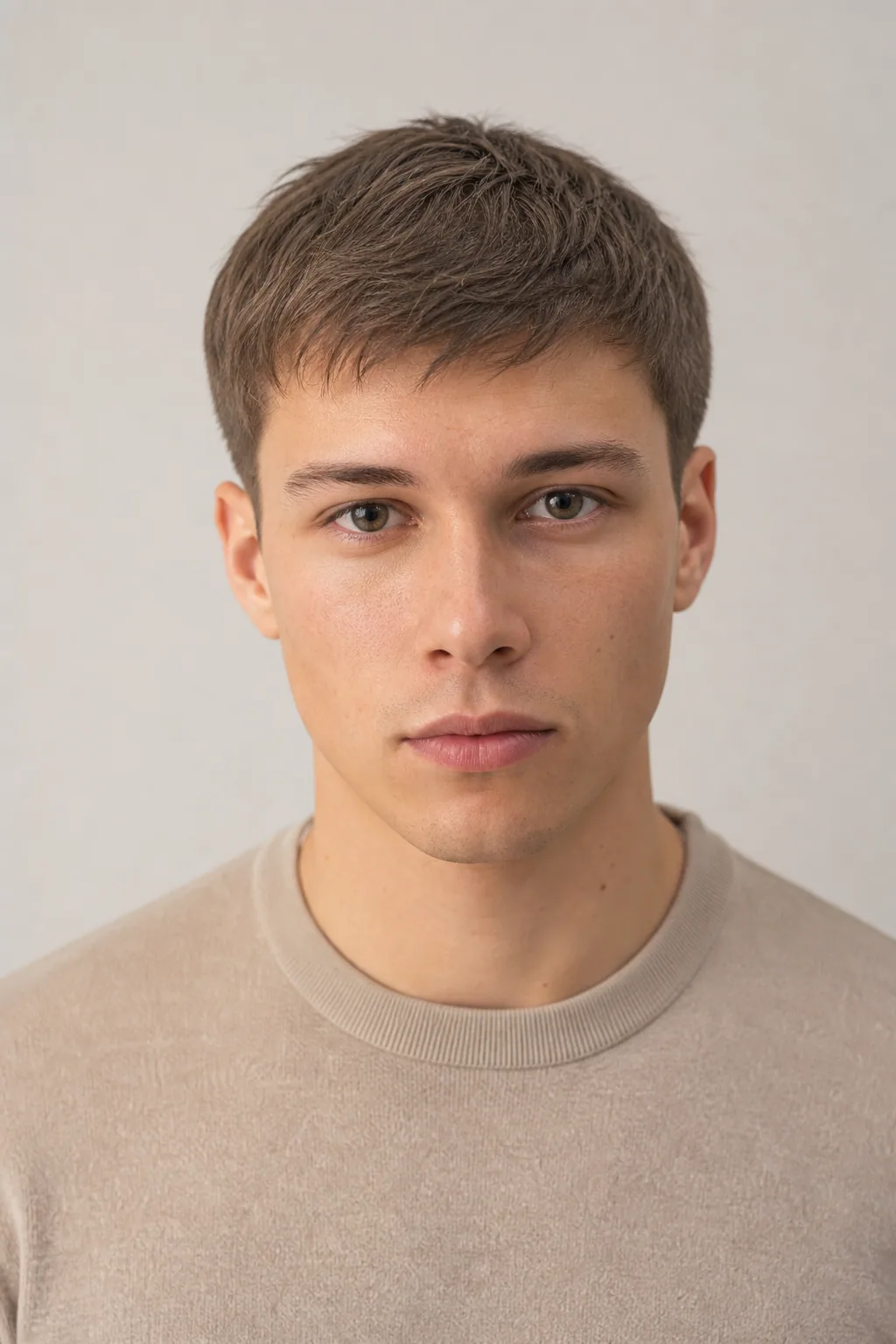 Long crew cut brushed forward into a short fringe on thin brown hair