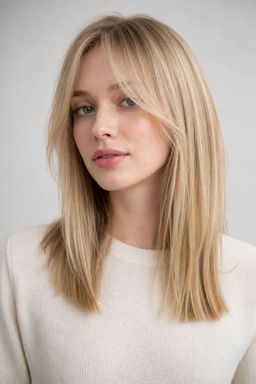 Long straight cut with curtain bangs on fine light-blond hair
