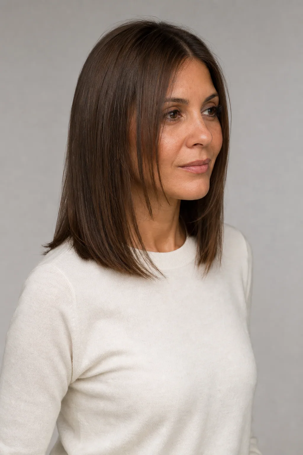 Long straight cut with face-framing pieces on fine medium-brown hair