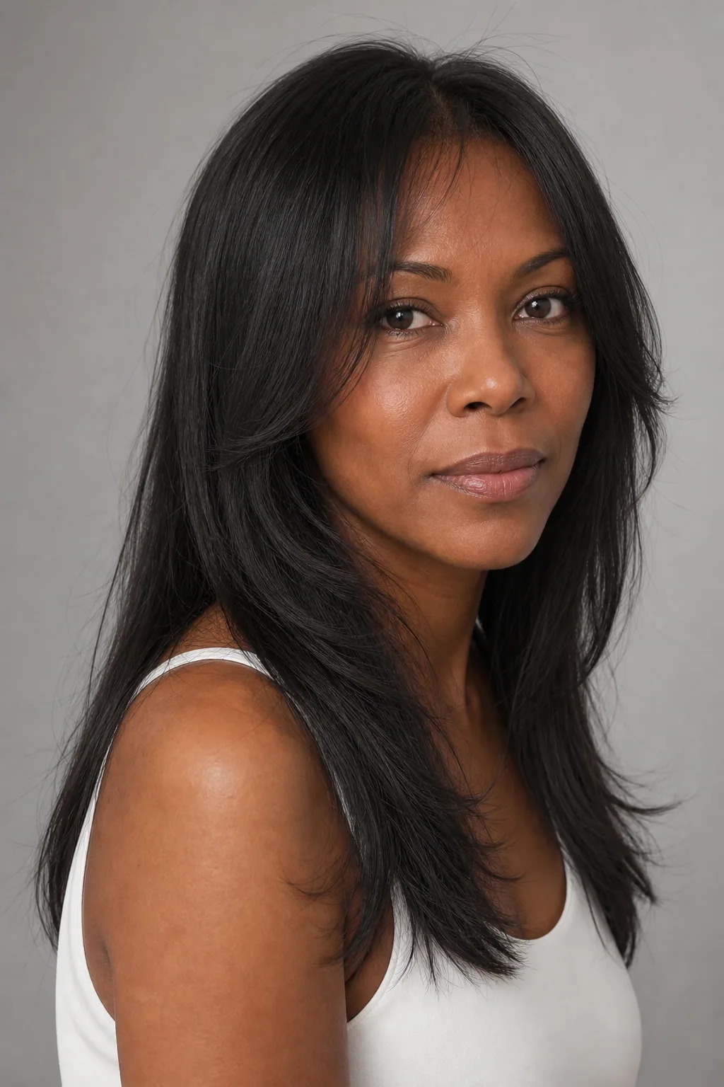 Long hair with face-framing layers starting at the cheekbone on fine hair, length kept full