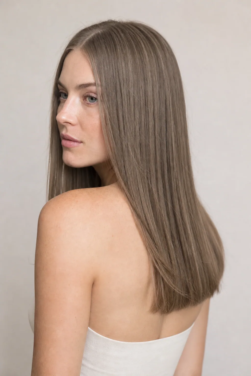 Long fine hair to mid-back with ghost layers and a blunt hemline, centre part, three-quarter view showing depth through the mid-lengths
