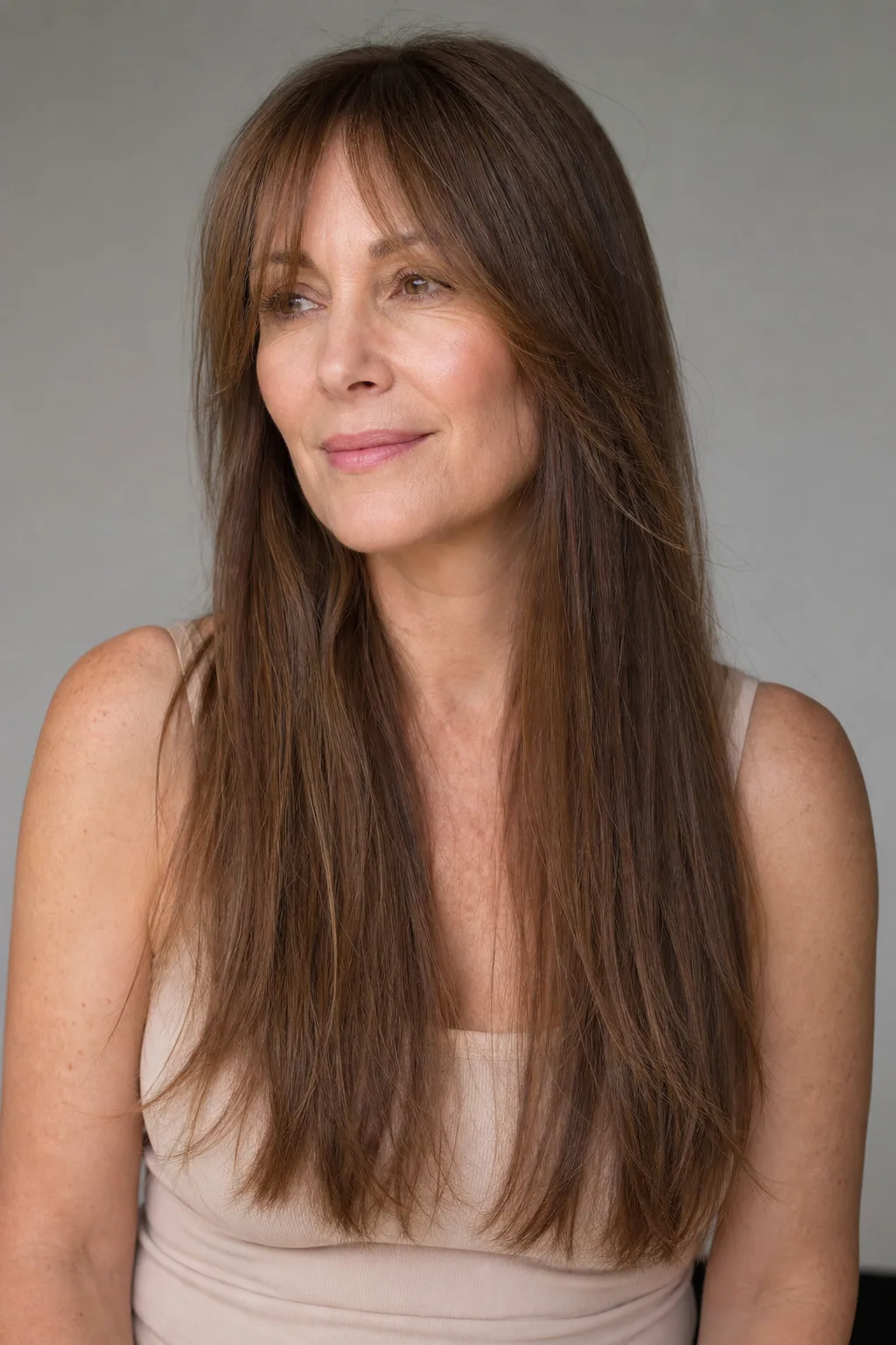 Long waist-length fine hair with curtain bangs adding face-framing movement