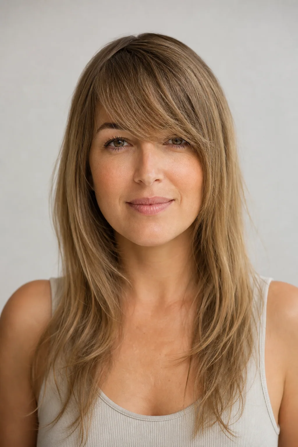 Long fine hair past the collarbone with a heavy full side-swept fringe crossing the forehead, front view