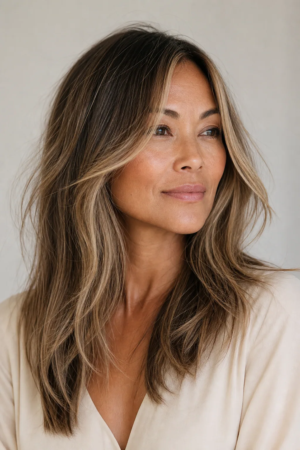 Long hair with a money piece and dimensional highlights adding depth to fine hair