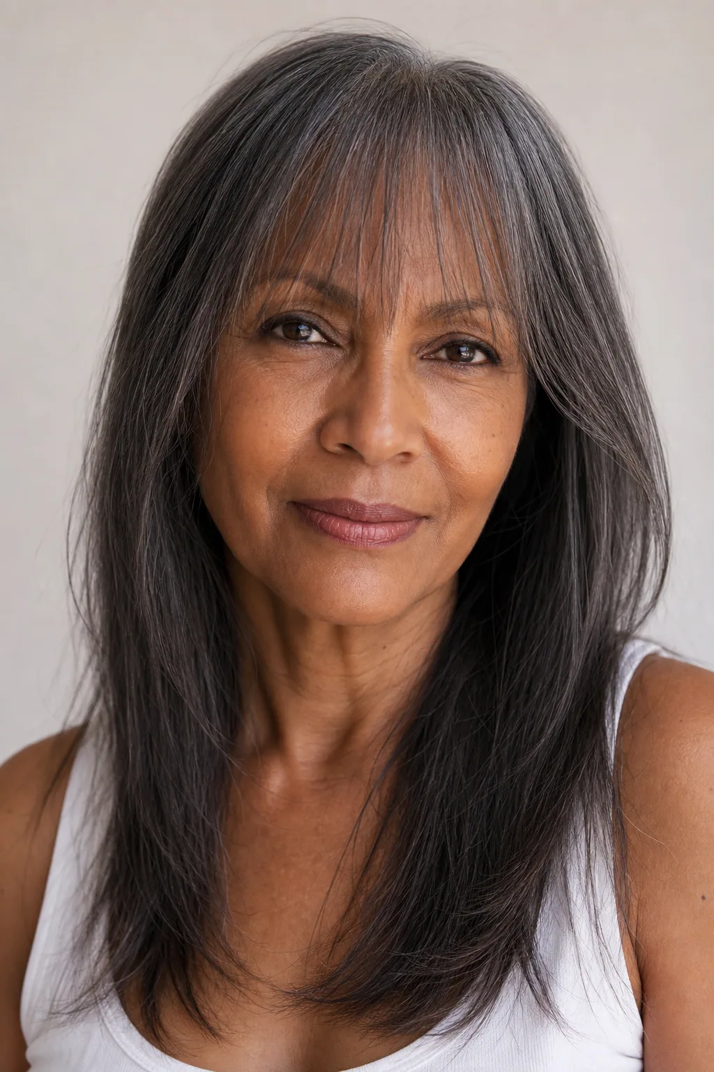 Long hair with wispy see-through bangs and a sheer fringe on fine straight hair