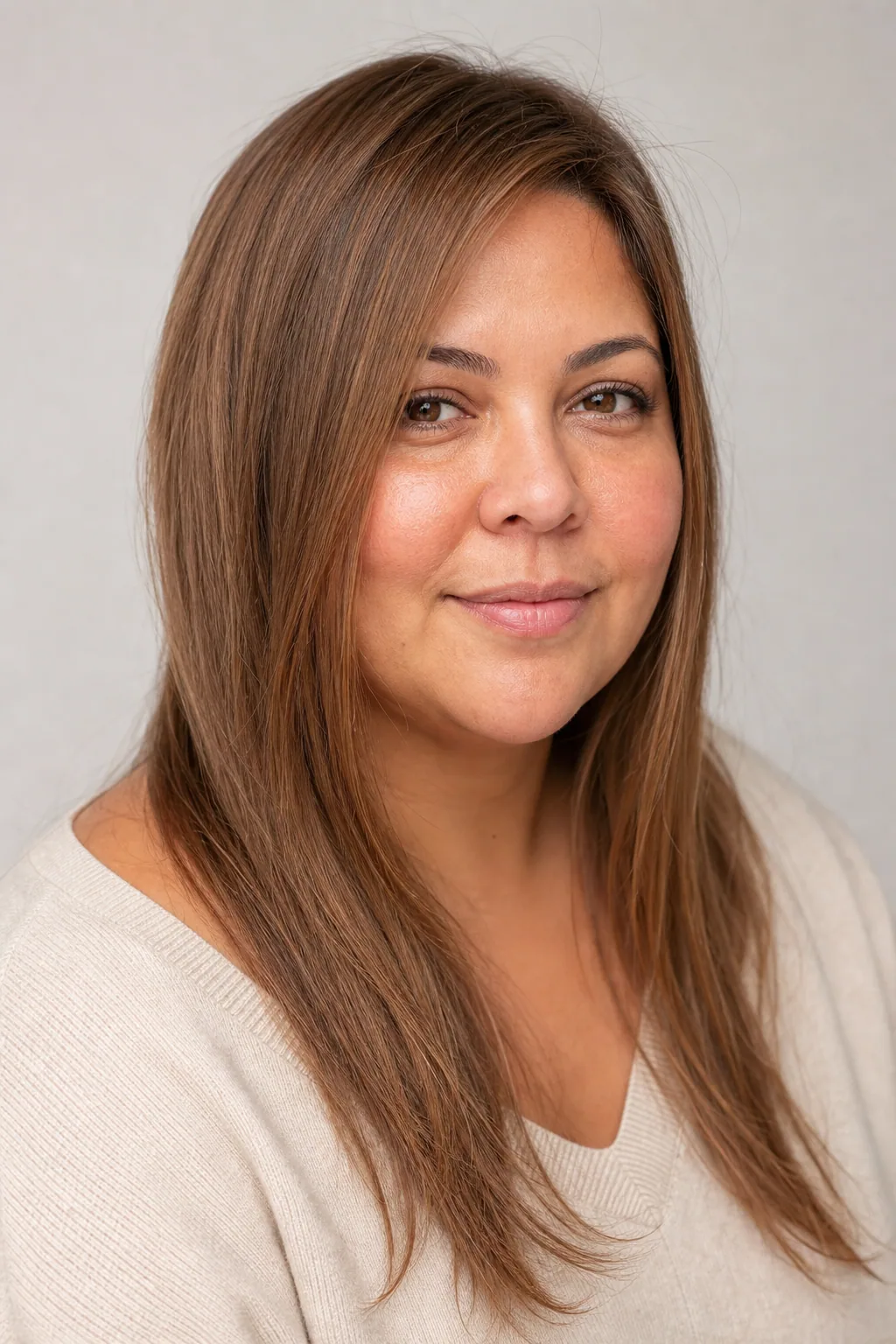 Long layered cut falling past the collarbone with a deep side part and long face-framing on fine light-brown hair, woman with a round face