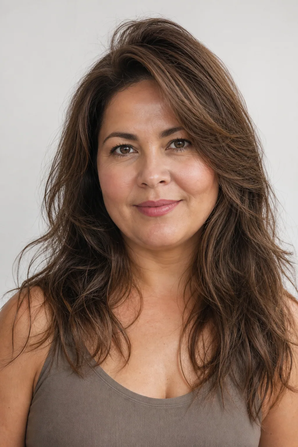 Long cut with subtle long-layered movement and volume concentrated at the crown on fine wavy brown hair, woman with a round face