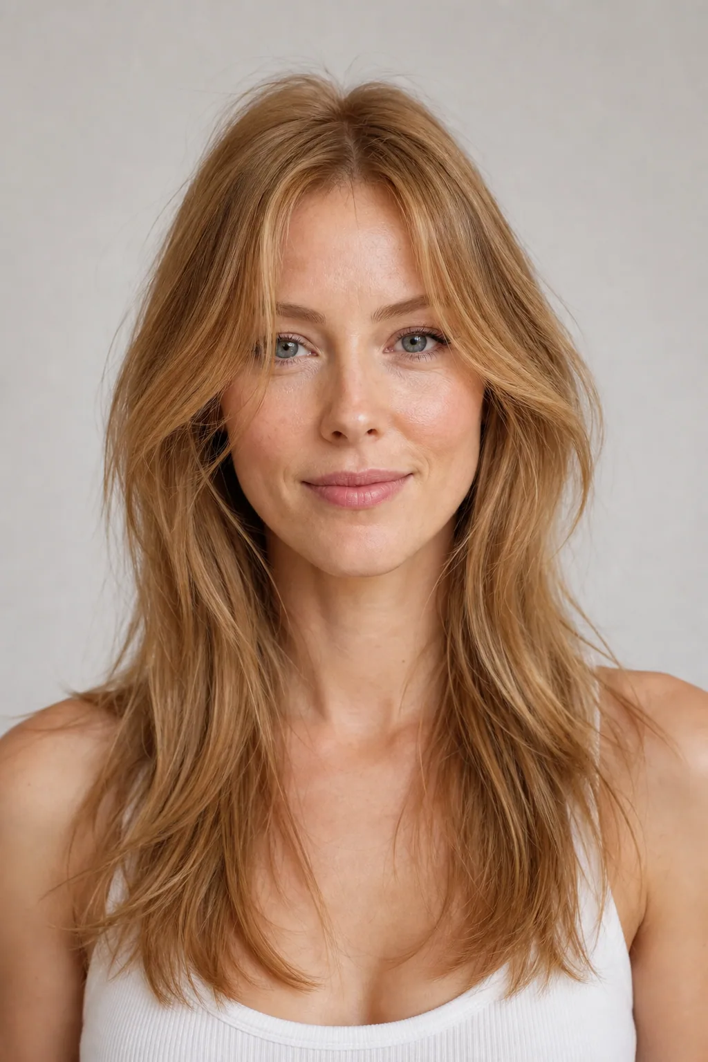 Long layers with soft curtain bangs framing the face on fine hair