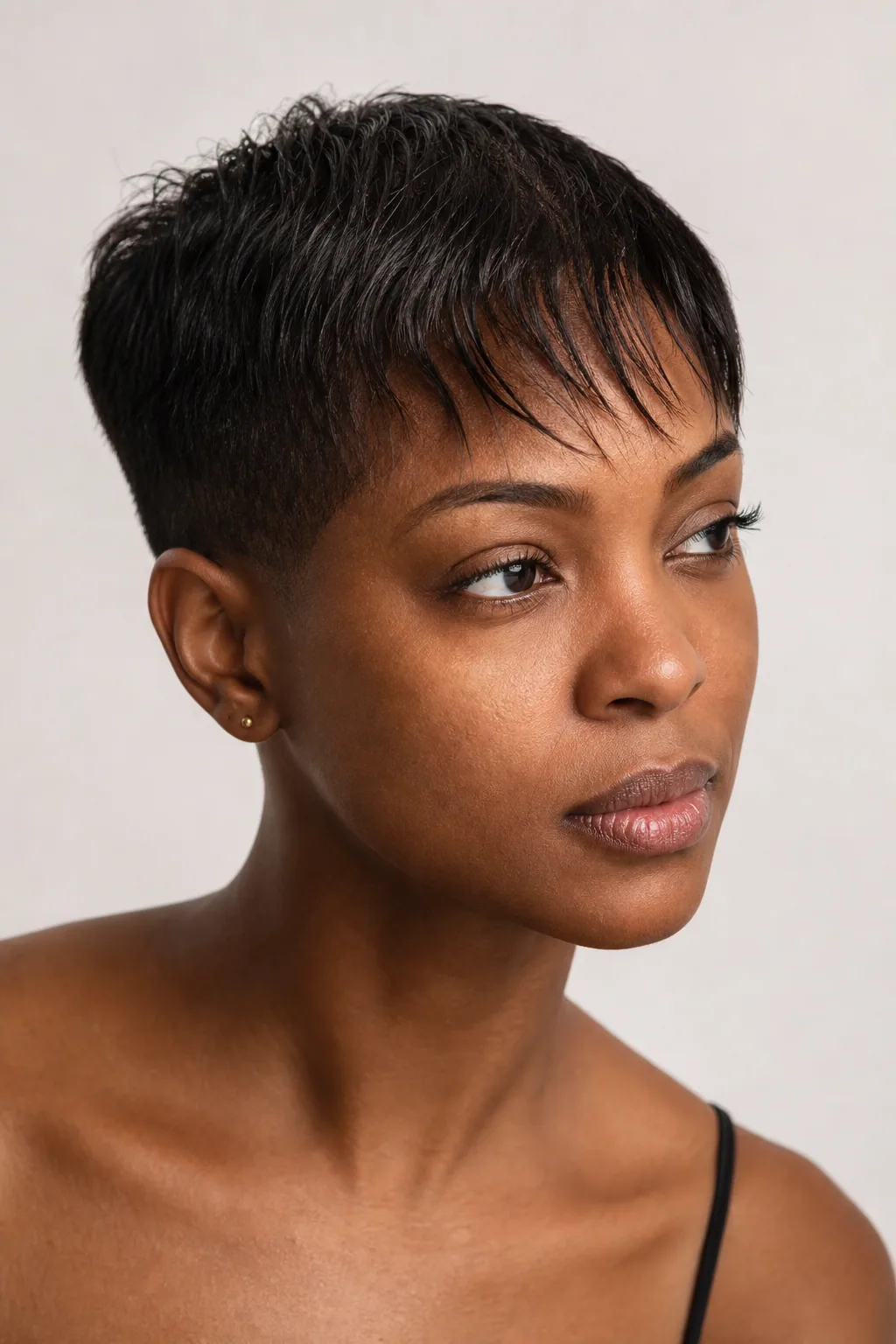 Long-on-top short crop styled forward over the forehead, fine hair, tight sides, editorial styling