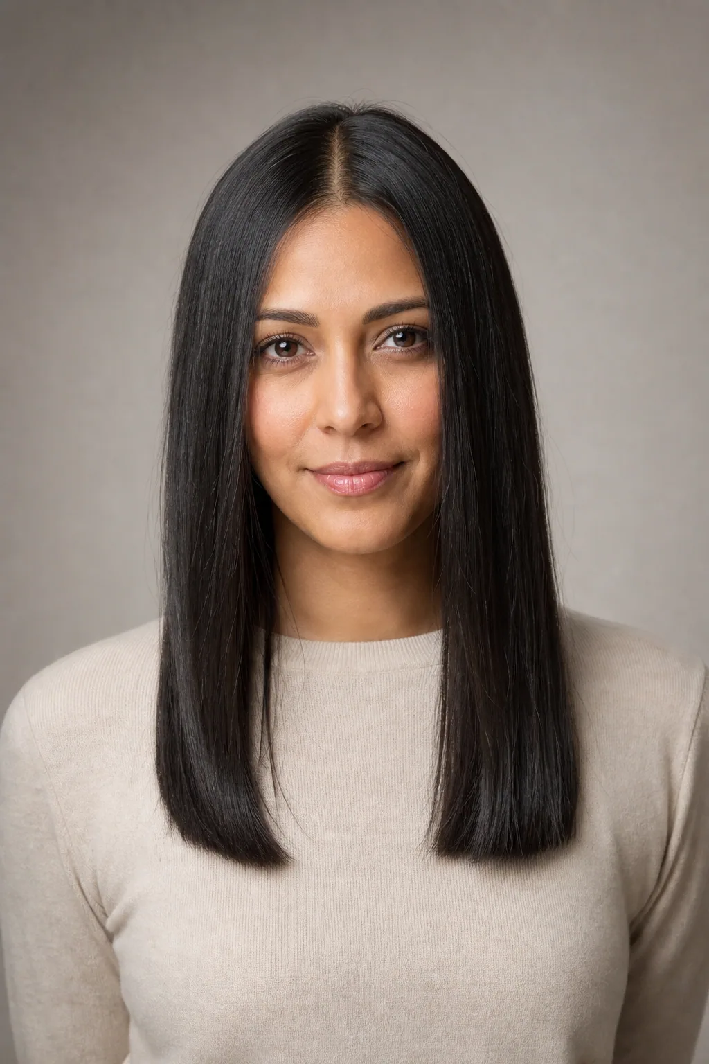 Long one-length cut with a blunt hem on fine straight black hair