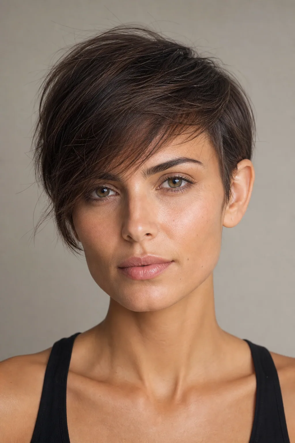 Fine hair in a long pixie with a diagonal side-swept fringe falling across the forehead, front view