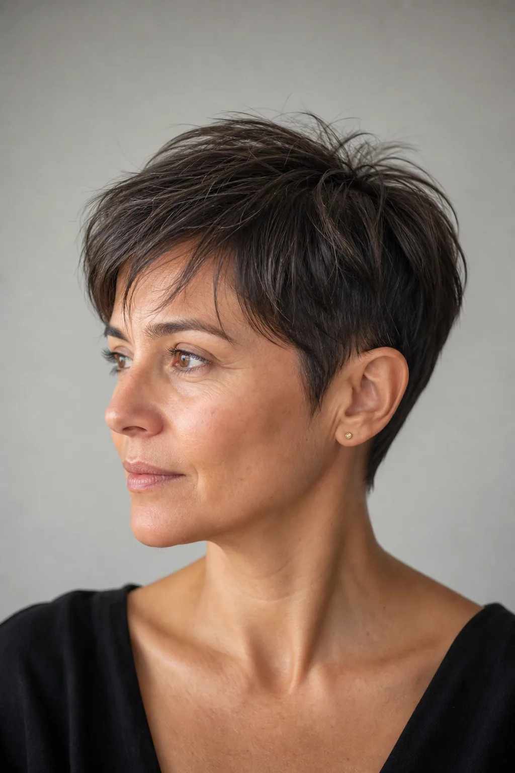 Long pixie with a longer top and fringe tucking behind the ear on fine hair