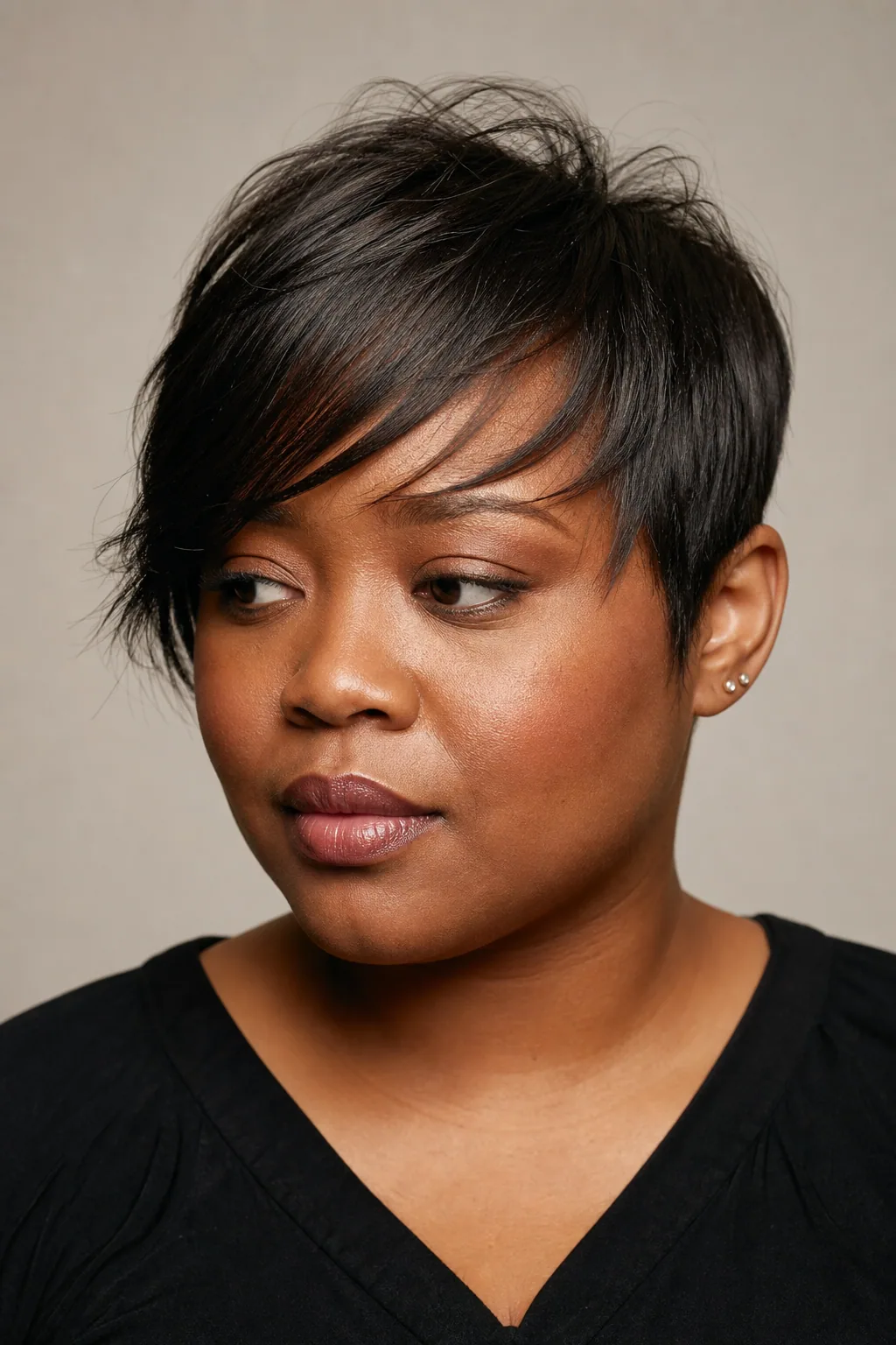 Long pixie with a long side-swept fringe creating a diagonal across the forehead on fine dark hair, woman with a fuller round face