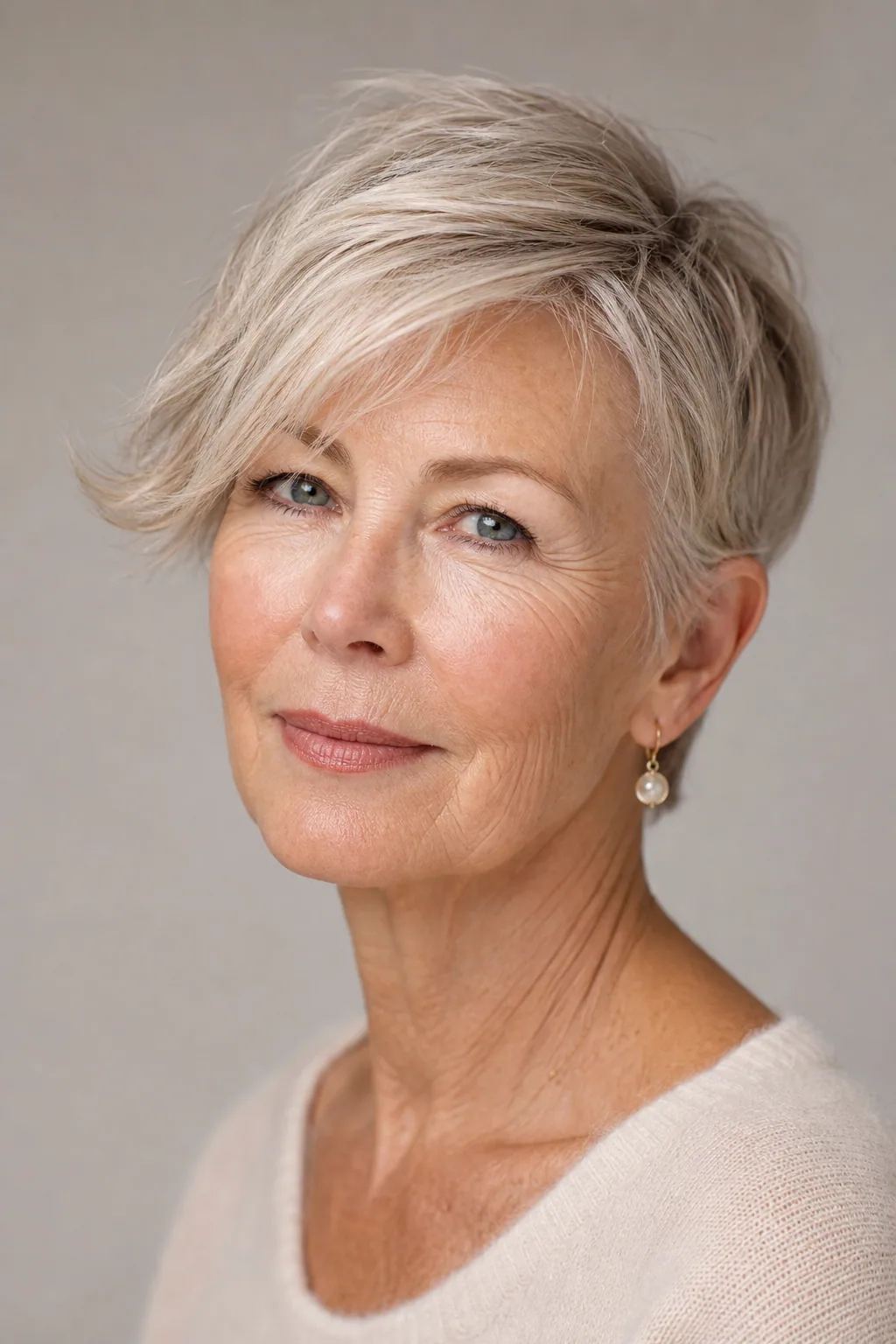 Long pixie with a side-swept top on fine thin blonde hair over 60
