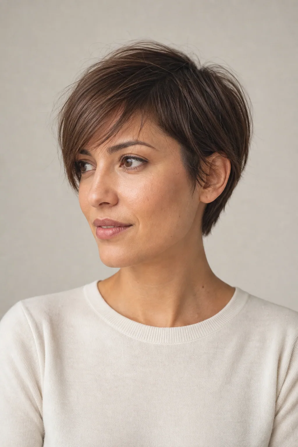 Long pixie with a tuckable fringe on fine chestnut hair