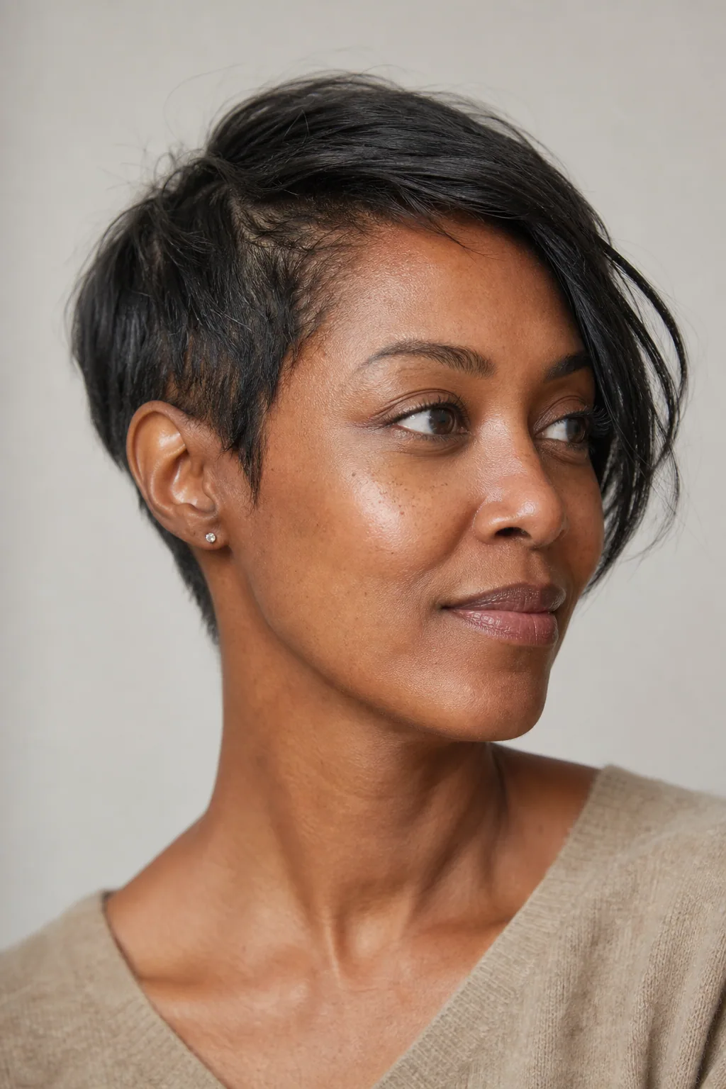 Long pixie with a longer top tucked behind the ear on fine thin hair
