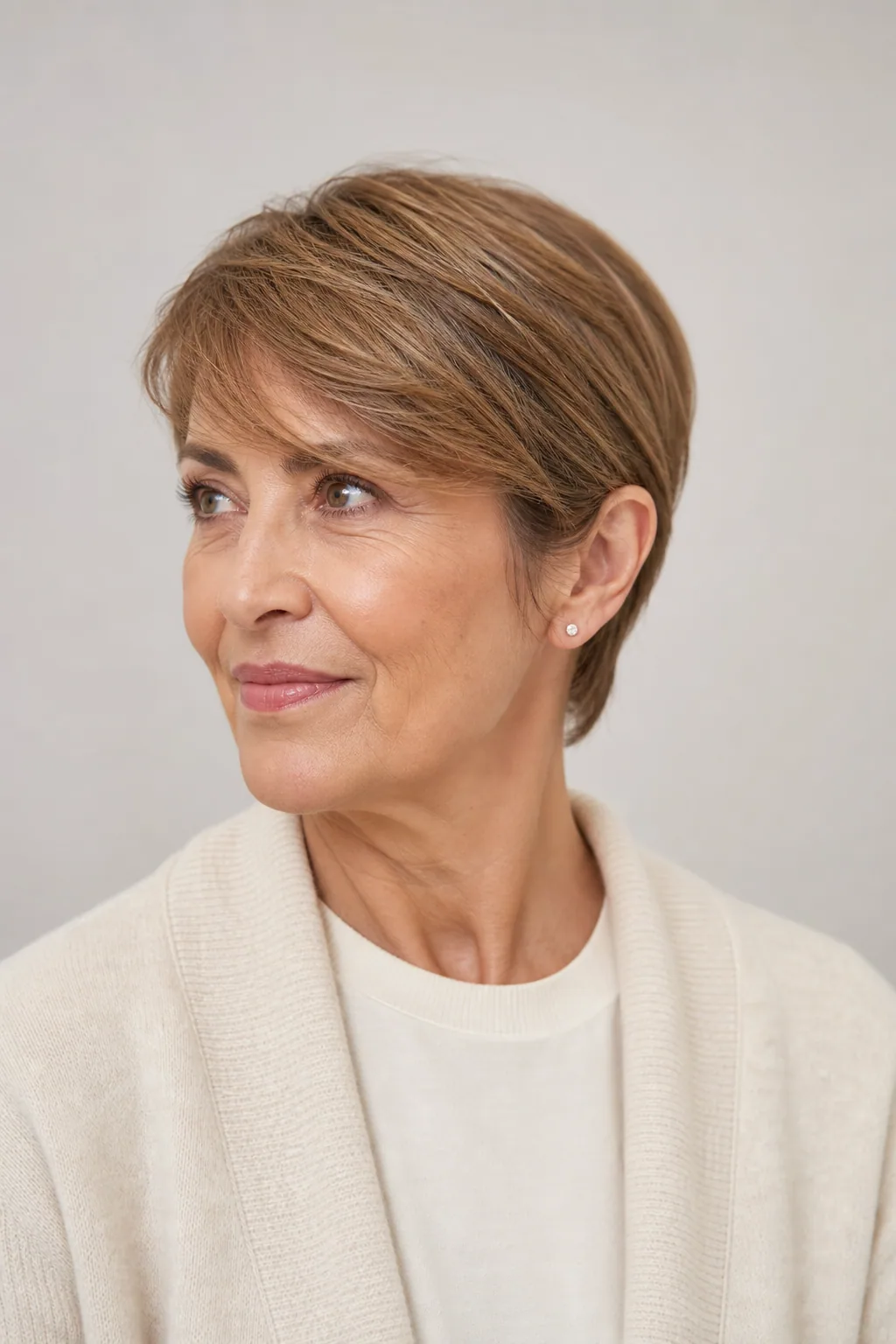 Long pixie with side-swept top and tucked sides on fine honey-brown hair over 50
