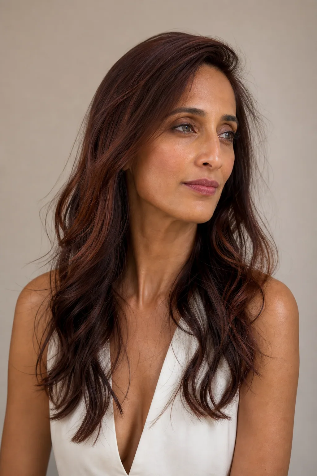 Long fine hair with S-waves through the mid-lengths and a deep side part, long face, three-quarter view