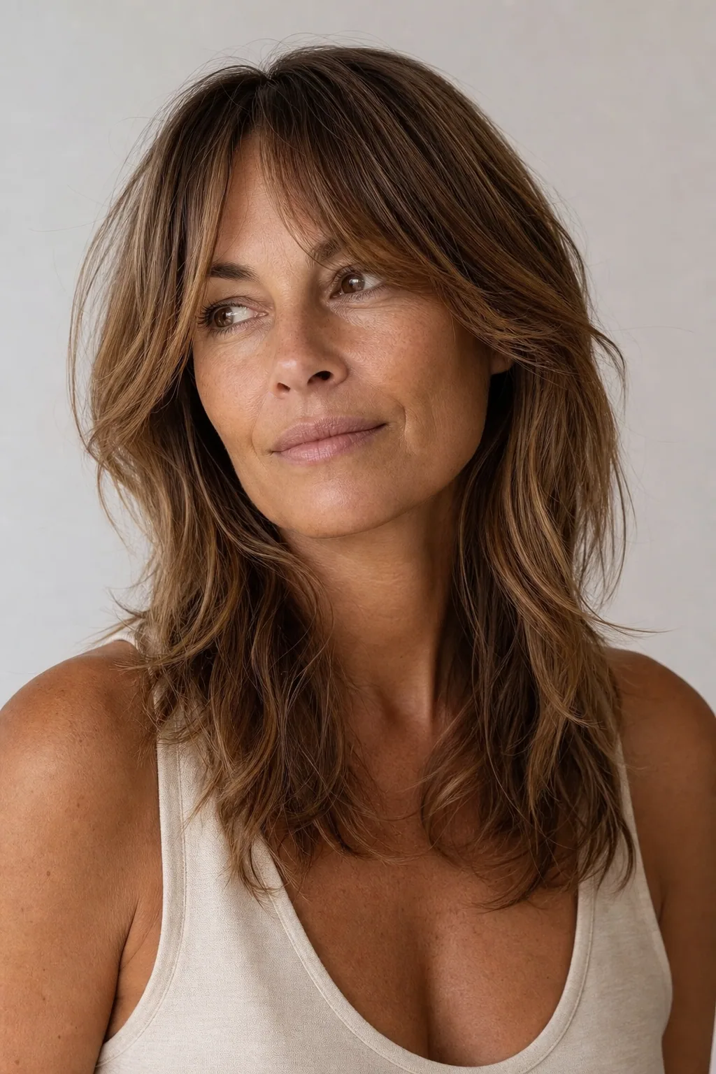 Long shag with soft curtain bangs and layered lengths adding volume to fine hair