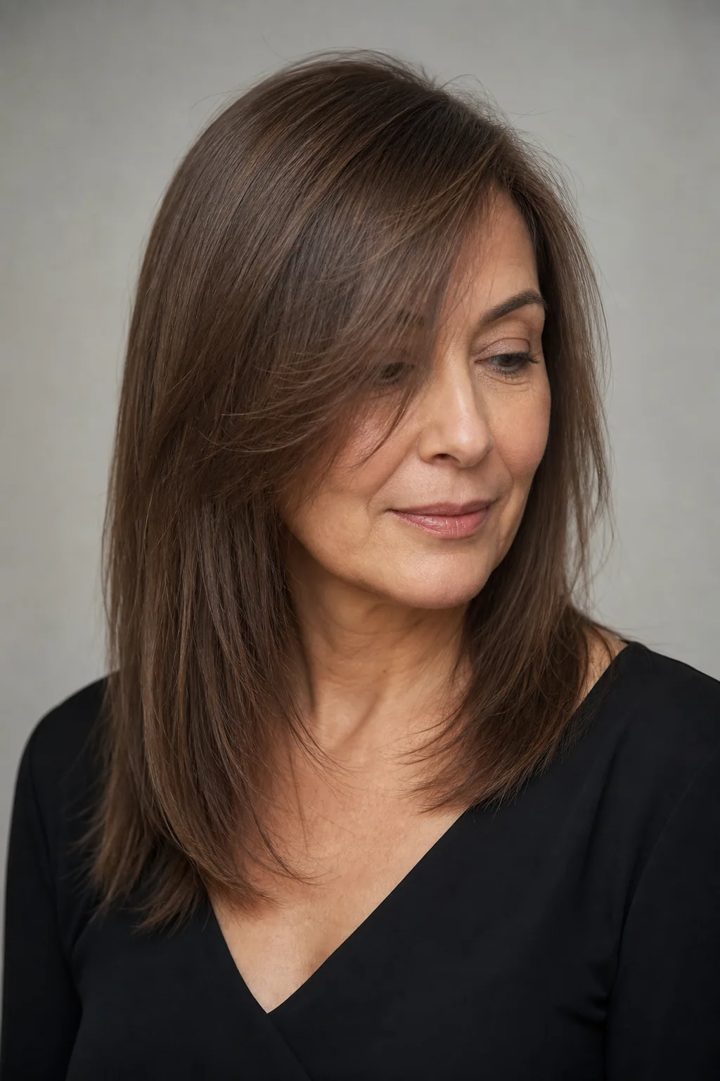 Long side-swept fringe merging into face-framing on fine straight hair, deep side part, three-quarter view