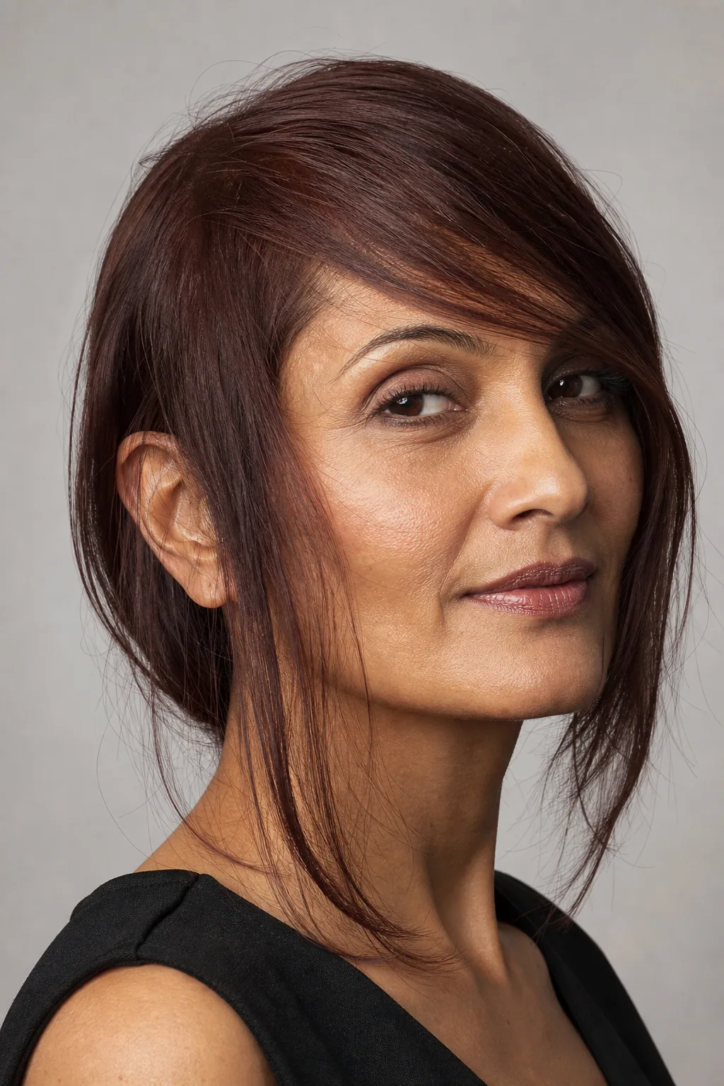 Fine hair with a long side-swept fringe crossing the forehead diagonally and blending into face-framing, three-quarter view
