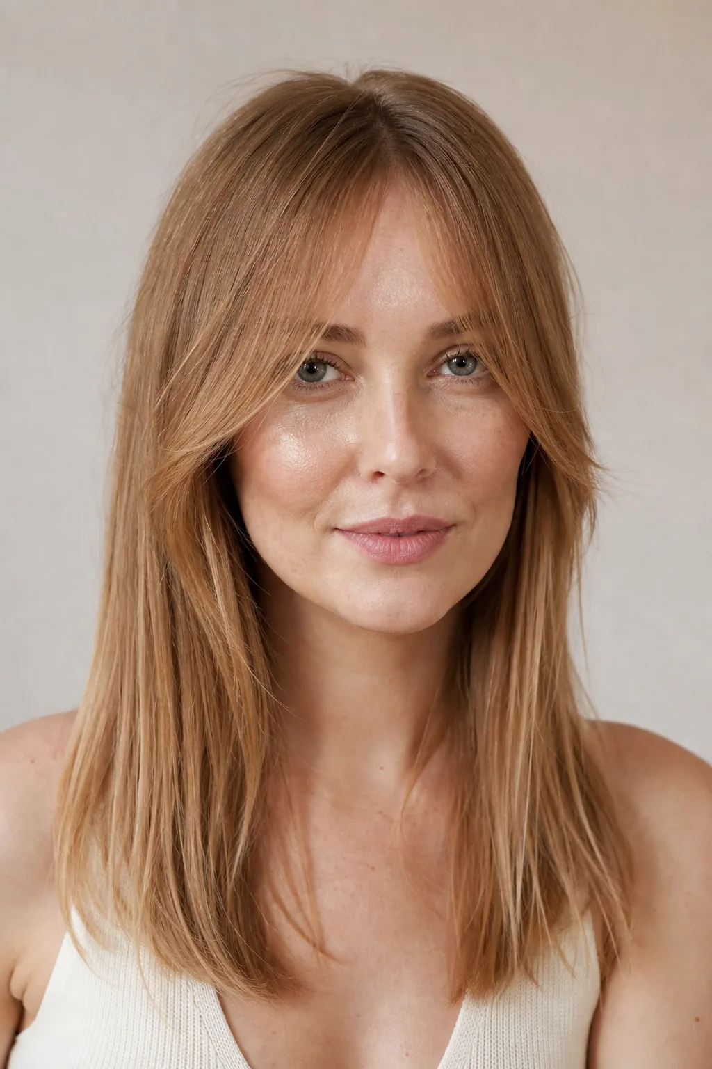 Long hair with soft curtain bangs and an easy sweep on fine hair