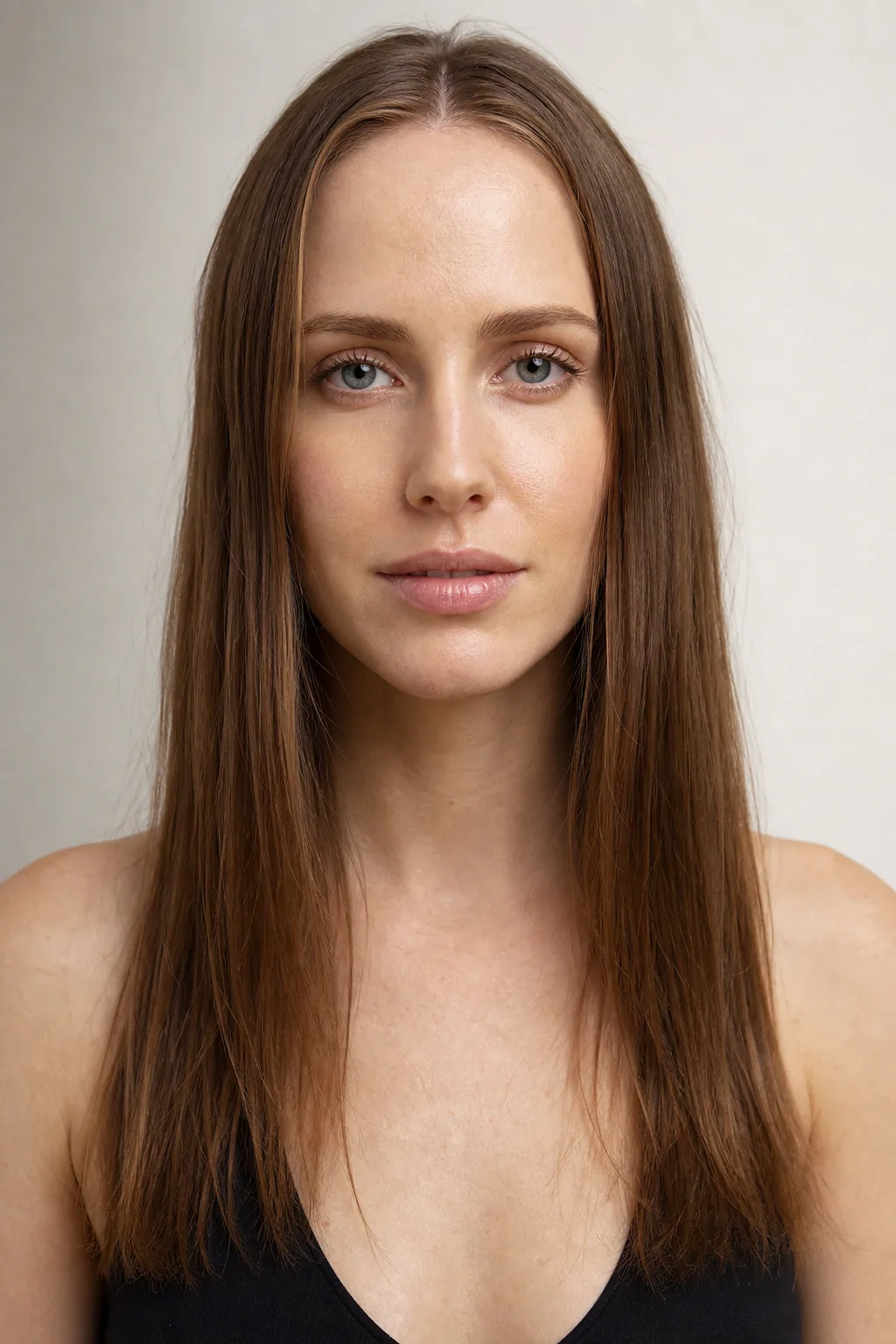 Long fine straight hair, centre-parted, hanging flat either side of a long face, front view