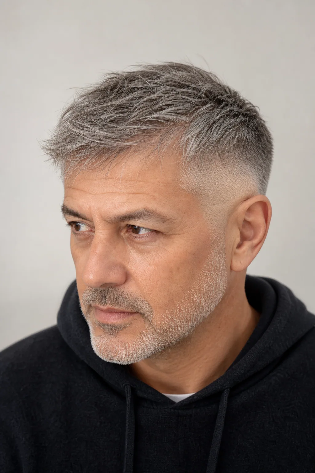 Low fade under a short textured top on fine, thin grey hair