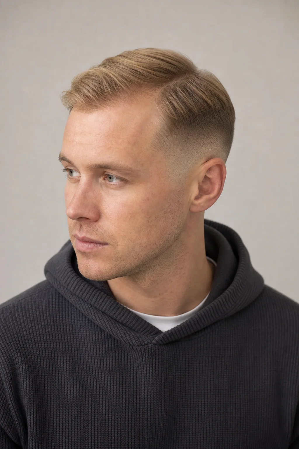 Low fade with a soft side part on fine, thin dark-blond hair
