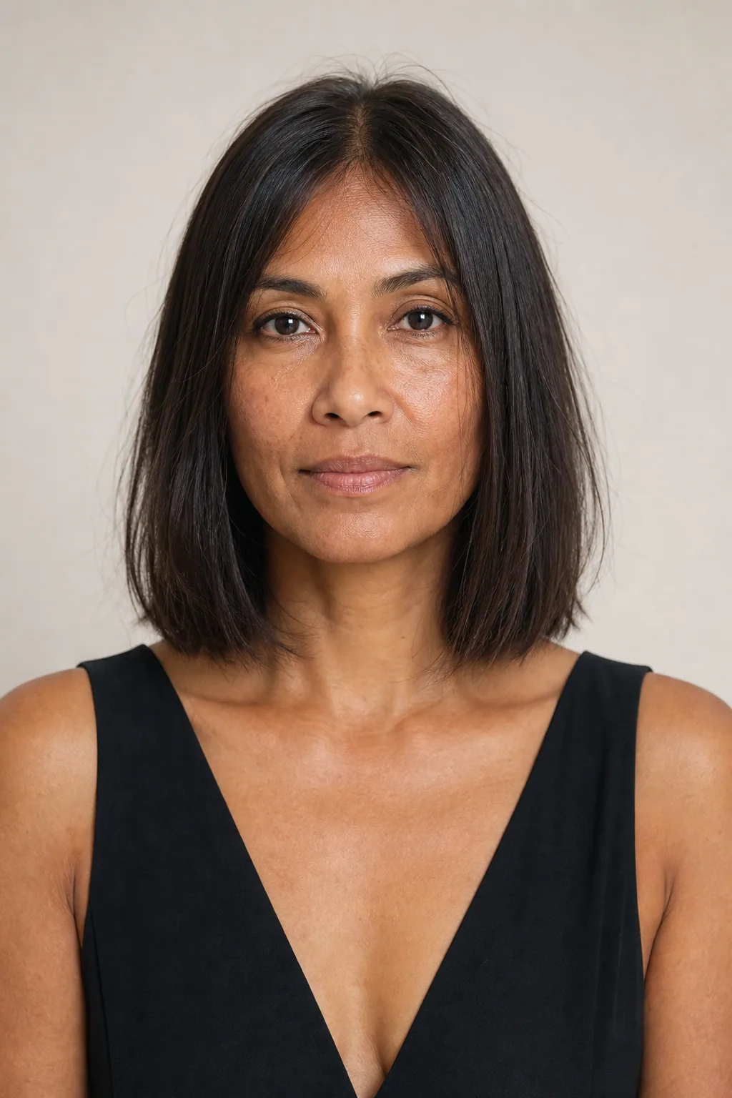 Blunt collarbone lob with a strong hemline and minimal styling on fine hair