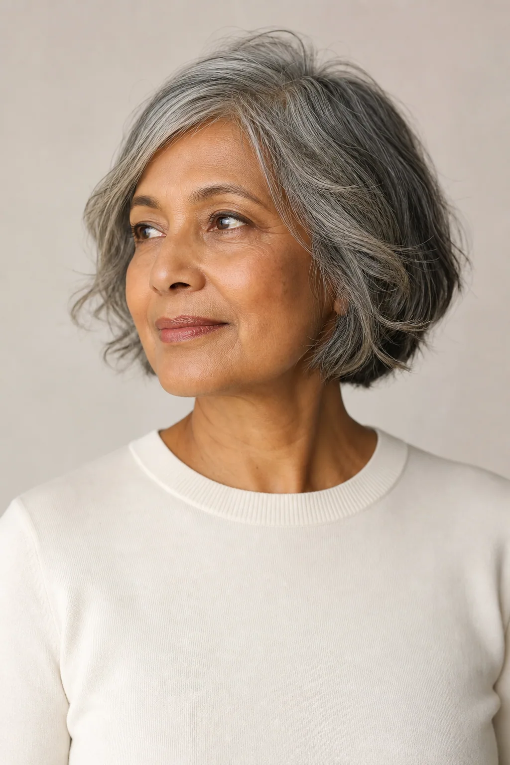 Low-maintenance air-dried short bob on fine salt-and-pepper hair