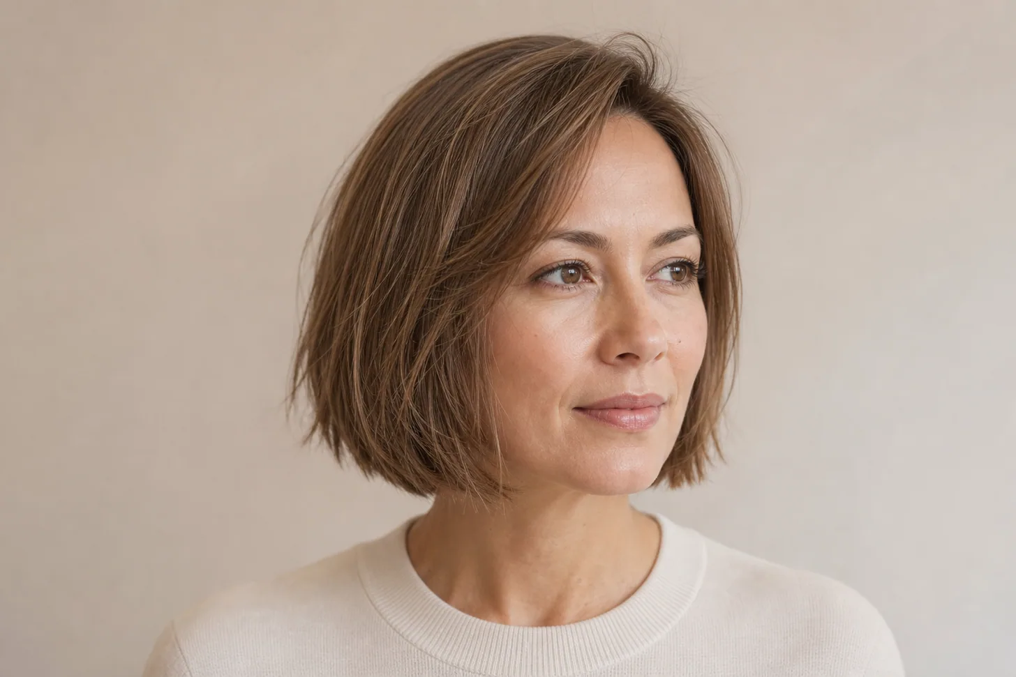 Soft rounded short bob air-dried on fine light-brown hair