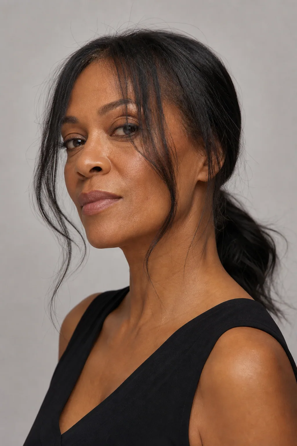 Fine hair pulled into a low ponytail with face-framing pieces left loose either side of the face