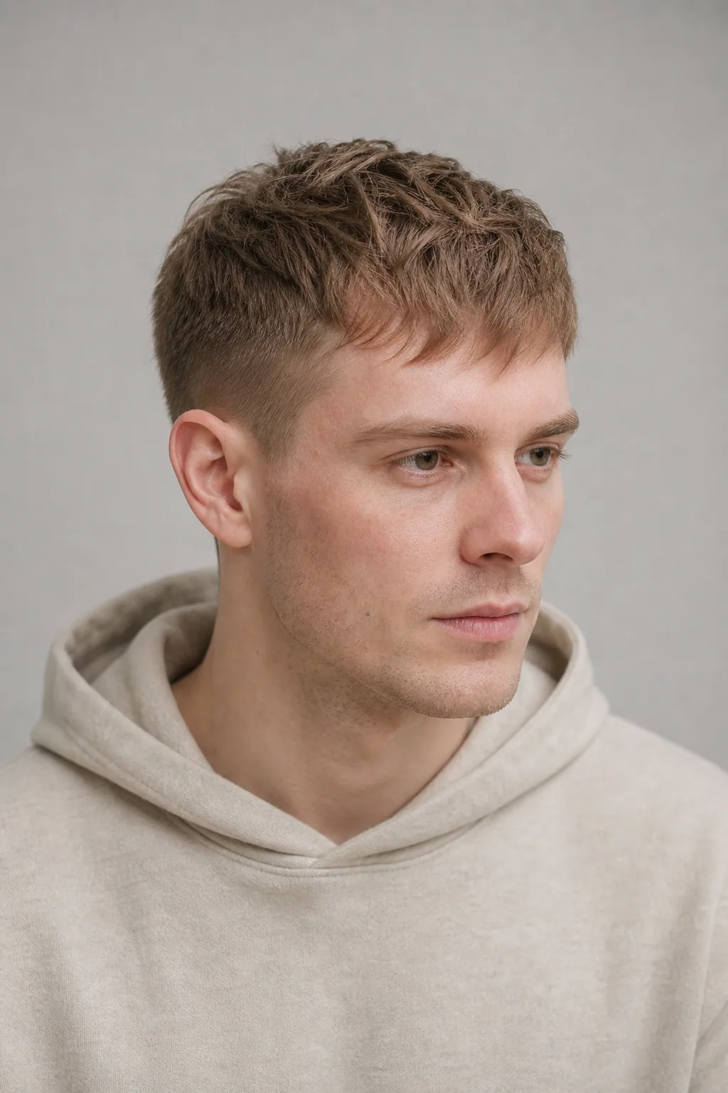 Low taper fade with a textured crop on fine, thin light-brown hair