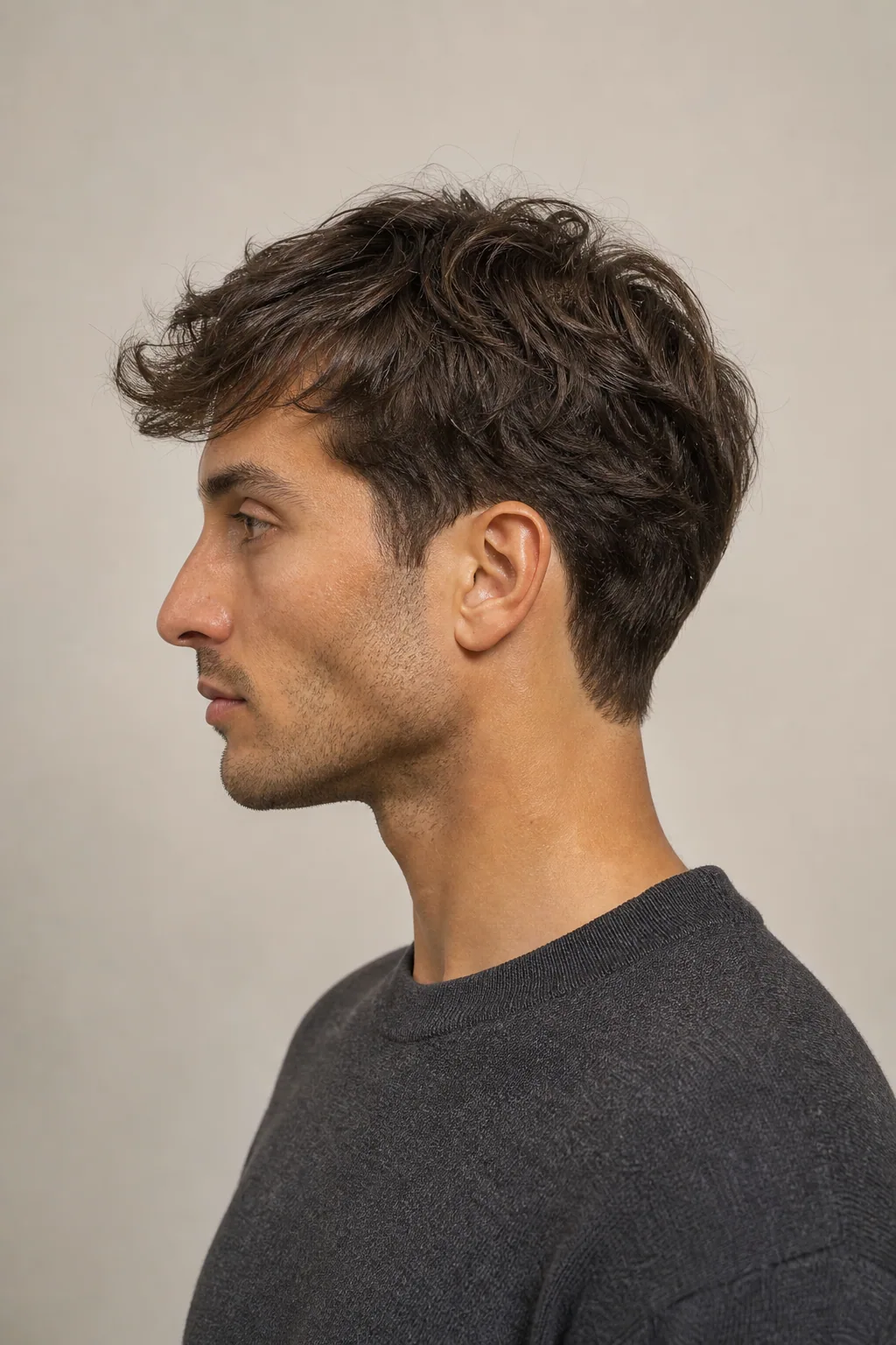 Low taper fade under loose waves on fine, thin wavy hair