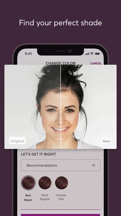 Madison Reed app Find your perfect shade screen with an original and new hair color split view and recommended shade swatches