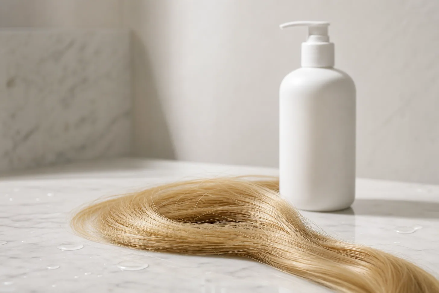 A strand of freshly colored fine blonde hair beside a bottle of color-safe shampoo