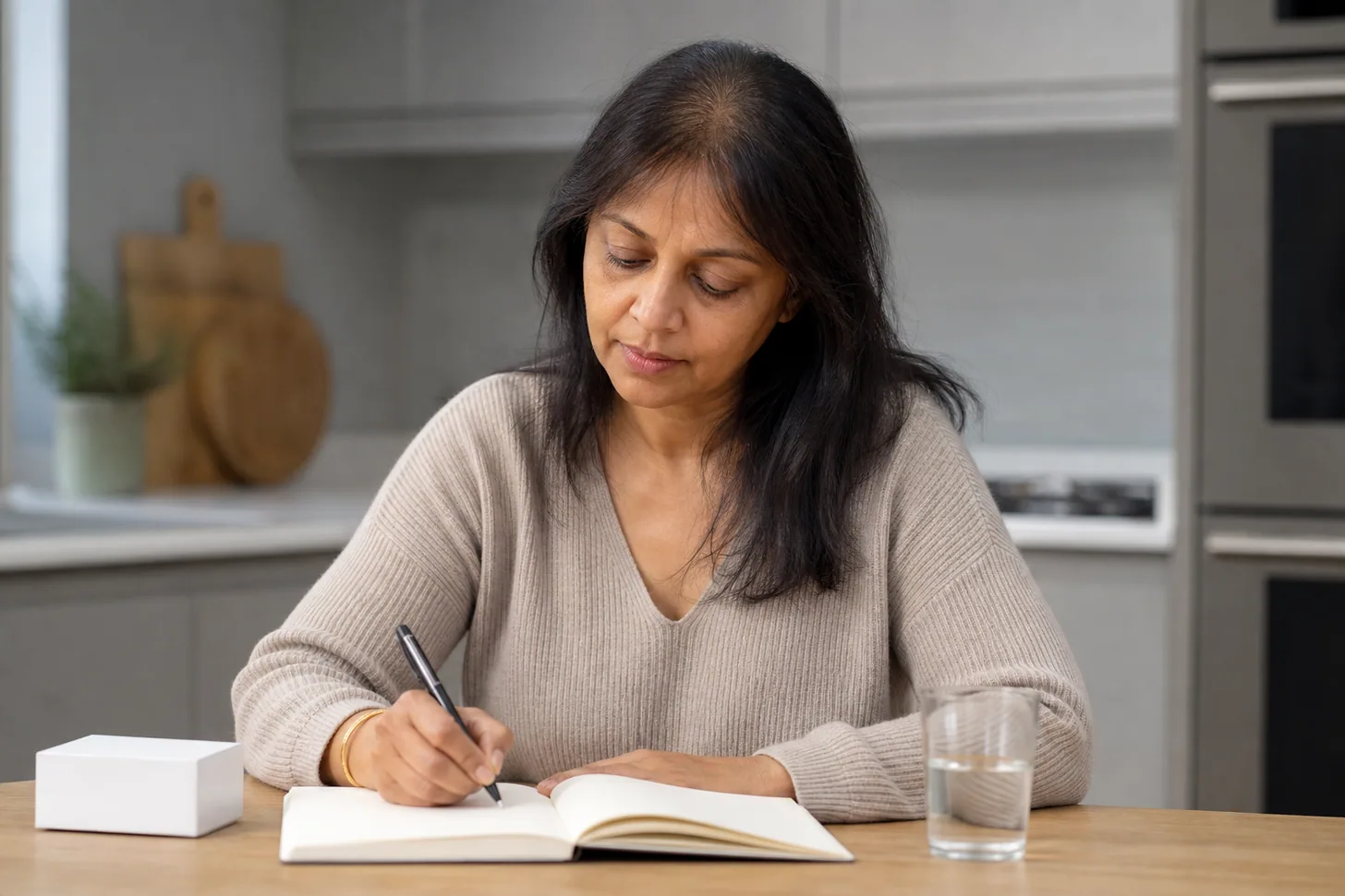 Woman writing a dated list of her medications at a kitchen table