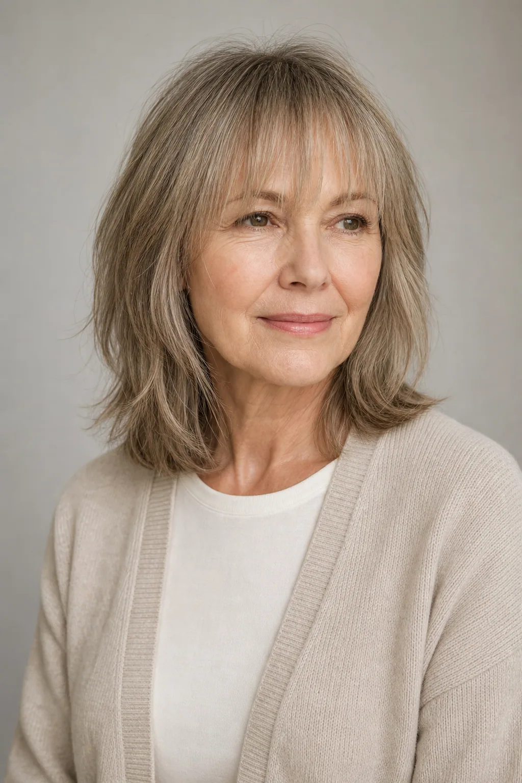 Medium shag with curtain bangs on fine brown hair blending into gray, over 60