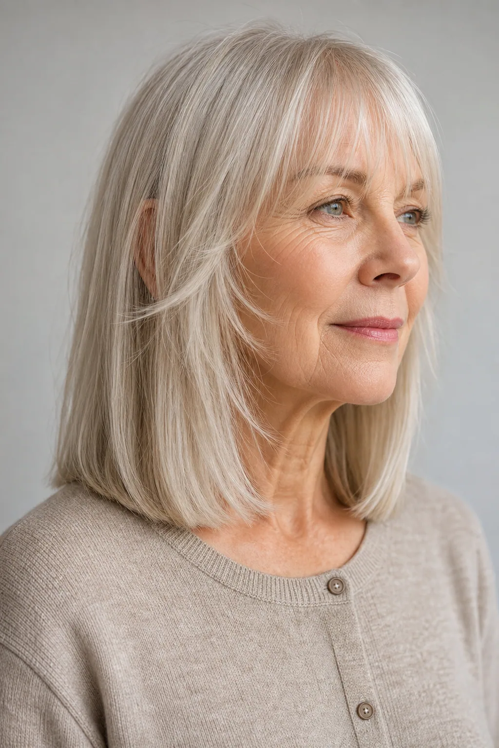 Medium shag with face-framing layers on fine silver-blond hair over 60