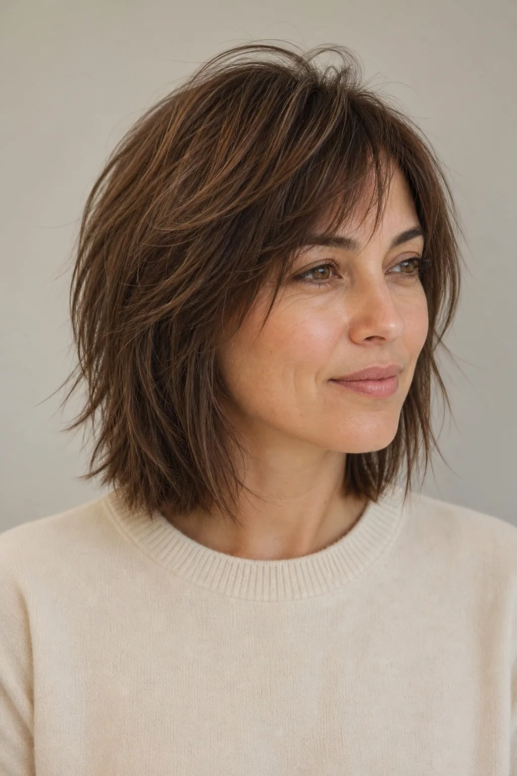 Collarbone-length choppy layered shaggy bob on fine chestnut hair